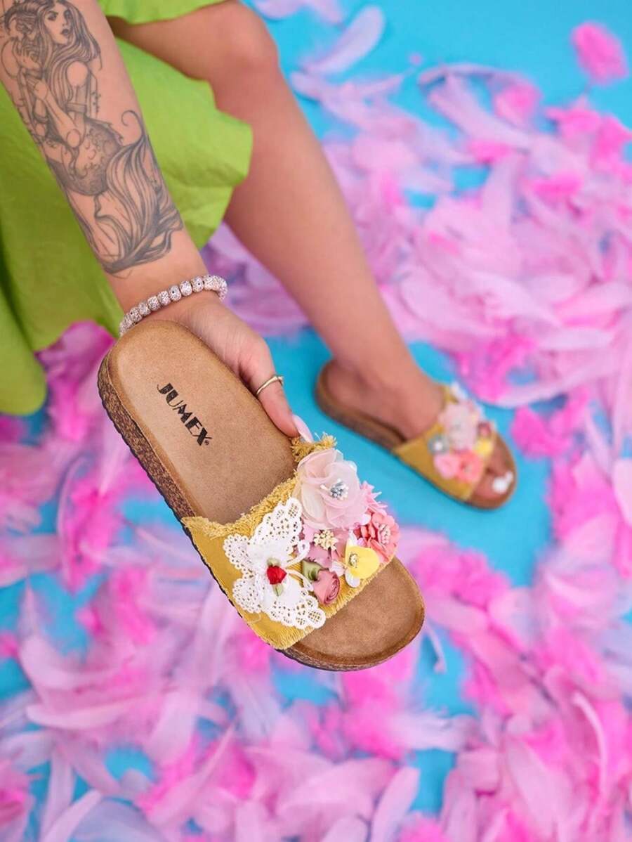 Women's Slippers With Fabric Flowers InOsosi- Footwear - Yellow - View 1