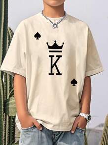 青少年男孩休闲印花圆领短袖T恤，夏季上衣 - 杏色 - 查看 8