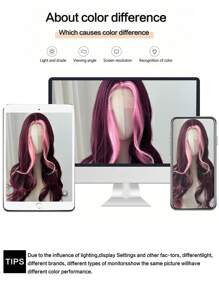 粉色高光假发 U-PART LACE 假发 女士长波浪假发 26 英寸 酒红色合成假发 - 酒紅色 - 查看 9