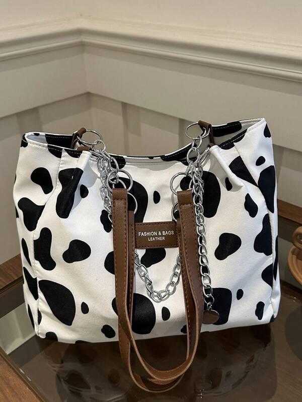 Fashionable Striped Handbag - Women's Large Capacity Shoulder Bag - Zipper Tote Bag For Daily Use - Metal Chain Tote Bag, Minimalist Chain Shoulder Tote Bag For Teen Girls Women College Students, Rookies & White-Collar Workers Perfect For Office, Work, Business, Commute, Best Work Bag For Women, Back To School Student Bag