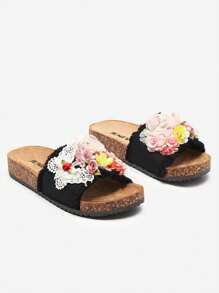 Women's Slippers With Fabric Flowers InOsosi- Footwear - Black - View 1