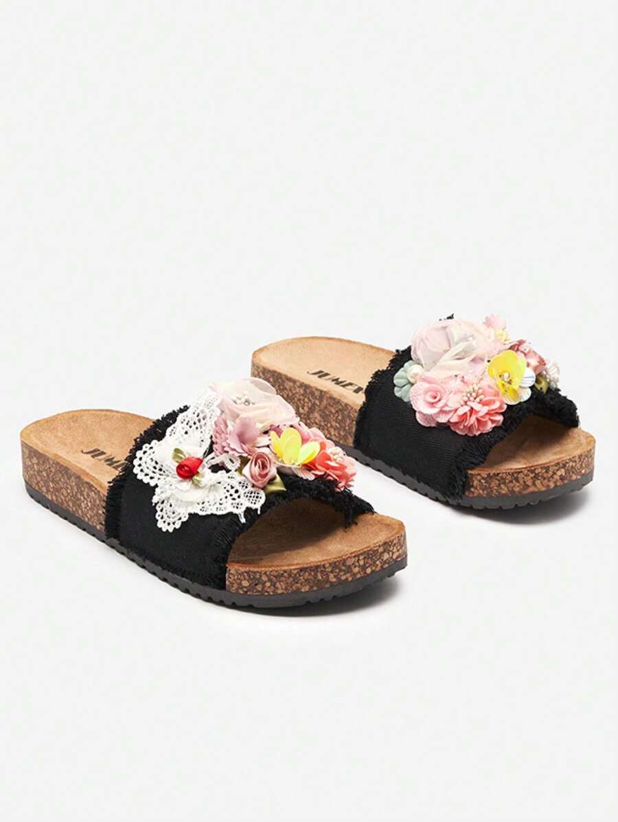 Women's Slippers With Fabric Flowers InOsosi- Footwear - Black - View 1