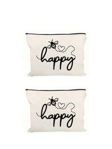 Make-uptas met opdruk van de letters "Happy" en een klein bijenpatroon - lichtgewicht en geurloze reistas van polyester, geschikt voor natuurliefhebbers en vrouwen, leuke multifunctionele canvas tas in cartoonstijl, perfect cadeau voor tieners, verjaardags- en reisaccessoires, vakantiecadeaus, boho-sfeer, voor strandvakanties, badkamercollectie, slaapkamercollectie, grote capaciteit