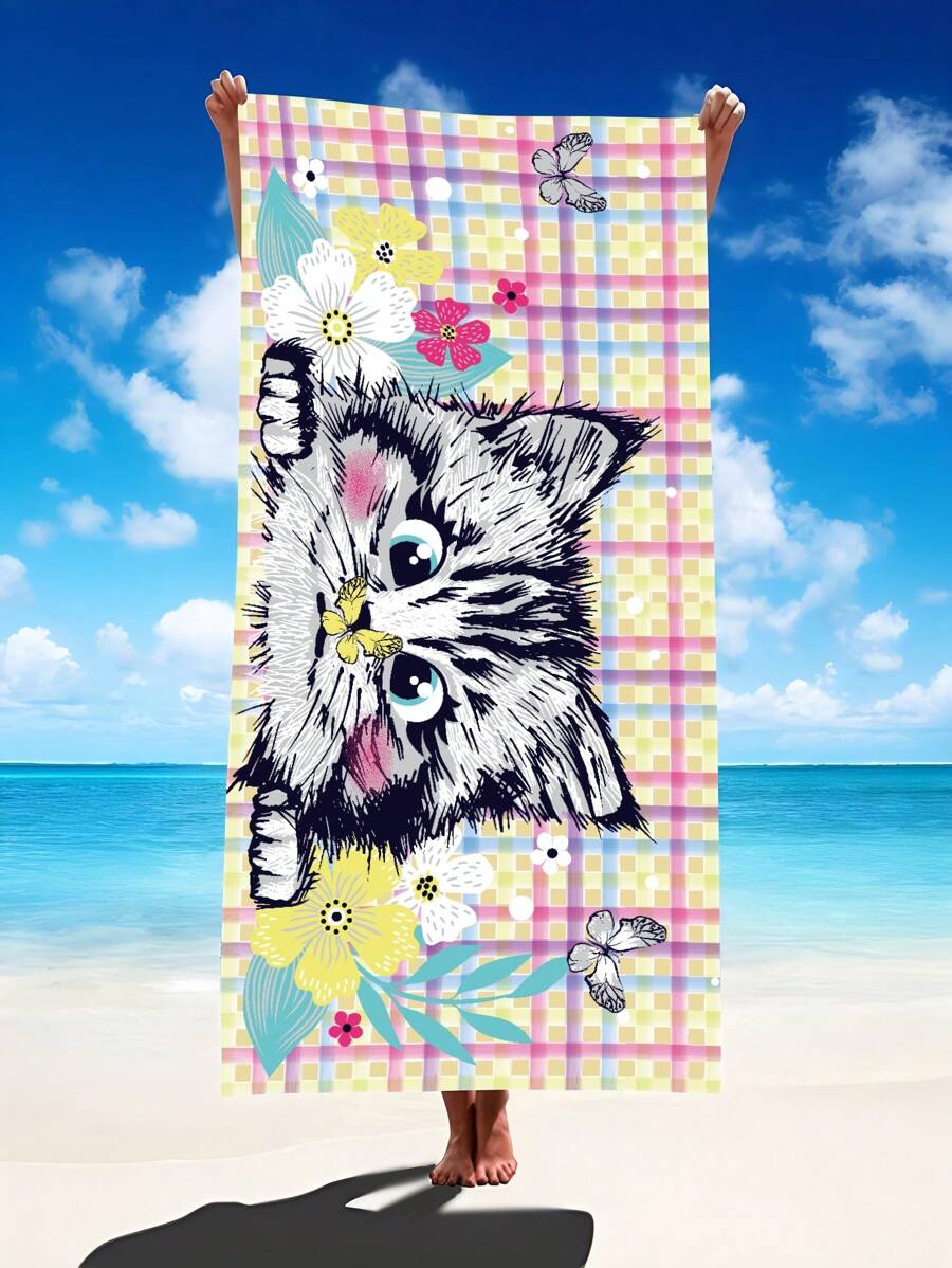 1 件可爱猫咪沙滩巾，超细纤维超大沙滩毯，超强吸水浴巾，适合旅行泳池潜水冲浪瑜伽露营，成人和儿童各种尺寸，沙滩配件 - 彩色 - 查看 1