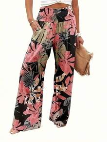 Plus Women's Printed High Waisted Pleated Wide Leg Pants - Multicolor - View 4