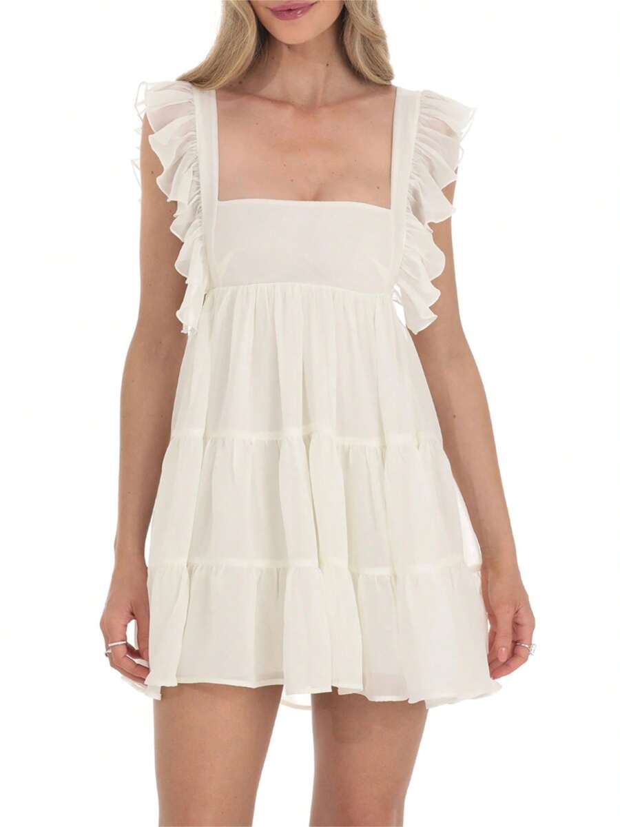 Women's Ruffle Strap Mini Dress Sleeveless Square Neck Solid Color Flowy Dress Summer Babydoll Dress - Apricot - View 1