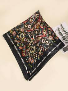 1pc New Bandana Printed 90cm Silk-Like Square Scarf/Headband, Suitable For Women Everyday Use, All Season For Dress - Black Paisley - View 2
