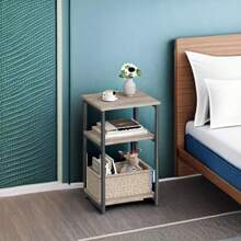 Mesita de noche, mesa auxiliar pequeña, mesita de noche alta para sala de estar, dormitorio, oficina, baño, marrón rústico y negro clásico - Beige - Ver 2