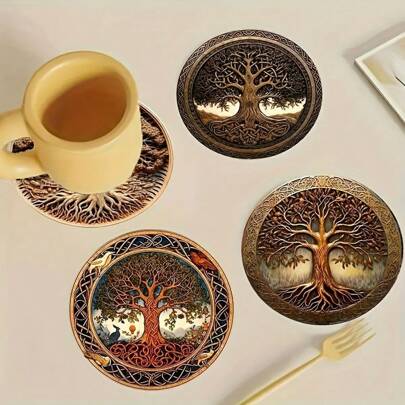 8-pack Wood Print Tree Of Life Digital Print Wood Coasters (inga diamanter) - Konstnärlig design för drycker, kaffe och te - Perfekt present till hem och restaurang