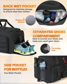 Gym Bag For Men, 45L Sports Travel Duffel Bag With Shoe & Laptop Compartment, Gym Workout Backpack Carry On Weekender Bag Overnight Backpack For Travel - Black - View 6