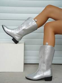 Ladies' New American Retro Embroidered Leather Pointed Western Boots, Personalized Fashion Silver Leather Cool Fashion High Boots, High-Heeled Thick-Heeled Knight Boots, Fashionable Punk Style Chelsea Boots
