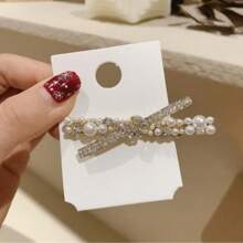 1 件装奢华珍珠十字发夹蝴蝶结发夹新款珍珠侧刘海夹甜美女孩发饰 - 白色 - 查看 10