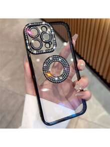 1 pieza Funda de teléfono con textura de CD enchapada, diseño de bisel transparente, lente de cámara con rhinestones, TPU suave, compatible con la serie de teléfonos inteligentes Apple - Negro - Ver 5