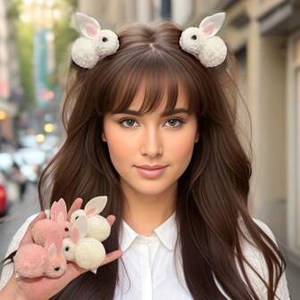 2pcs Fluffy Plush Easter Bunny Hair Clips - Cute & Sweet 3D Rabbit Design For Women, Perfect For Parties & Casual Wear