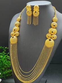 2 件时尚女士金流苏长项链和耳环套装，适合中东、欧洲、非洲新娘婚礼派对、圣诞节、情人节、母亲节、节日礼物、项链和耳环首饰套装、身体链 - 金黃色 - 查看 1