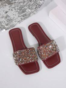 2025 Summer New Sequin Square Toe Strap Slip-On Mule Sandals, Peep Toe, Soft Flat Comfortable Casual Versatile Ladies Beach Slippers - Burgundy - View 6