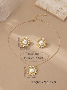 1 Set Vintage French Sunflower Pearl Gold Earrings & Necklace Jewelry Set For Women - Multicolor - View 2
