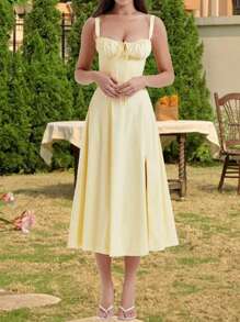 Summer Dresses For Women Y2k Sleeveless Midi Dress Bandage Formal Cocktail Prom Party A-Line Dress High Splitting Long Skirt For Nightclub Slim Fit Backless Flowy Dress Summer Vacation Beach Dress Sundress Graduation Dress French Cottagecore Floral Dress - Màu vàng - Xem 1