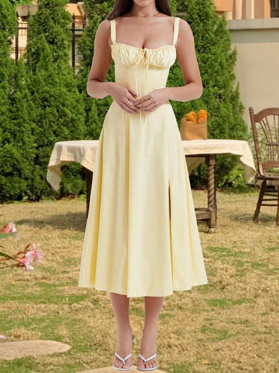 Summer Dresses For Women Y2k Sleeveless Midi Dress Bandage Formal Cocktail Prom Party A-Line Dress High Splitting Long Skirt For Nightclub Slim Fit Backless Flowy Dress Summer Vacation Beach Dress Sundress Graduation Dress French Cottagecore Floral Dress - Màu vàng - Xem 1