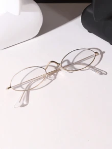 1pc Oval Small Frame Eyeglasses, Vintage Style Plain Decorative Glasses, Gold/Silver Frame