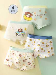 4 件装幼儿男孩卡通汽车和猴子印花三角裤，柔软弹力针织短裤，适合所有季节 - 彩色 - 查看 1