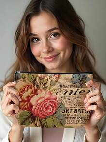 1 件复古花卉亚麻印花化妆包，可爱旅行化妆包和多功能零钱包，女性必备轻便礼物