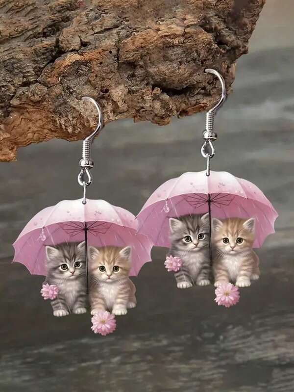 1 Pair Cute Umbrella Cat Acrylic Earrings, Holiday Gift, Romantic Cat Earrings
