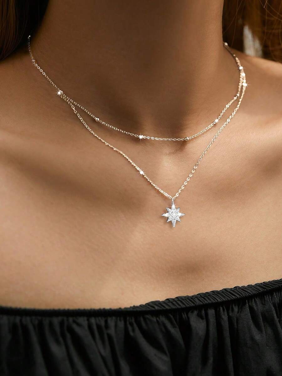 1 件 925 银简约多层星星和八角星方晶锆石吊坠项链，百搭，适合女性日常、派对、节日佩戴 - 銀色 - 查看 1