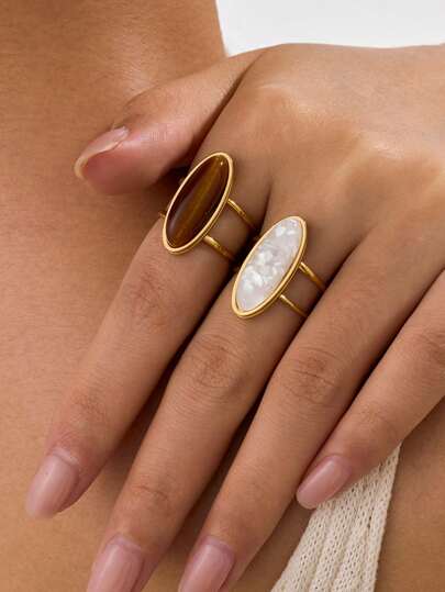 2pcs Stainless Steel Gold-Tone Open Ring Set With White And Tiger Eye Stone Gems, Suitable For Women Jewelry Or Gifting
