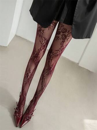 1 Pair Women's High-End French Retro Lace Rose Patterned Pantyhose, High Elasticity Skinny Tights, Sheer Hollow-Out Design For Slimming