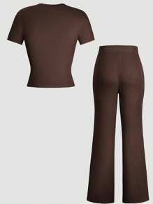 GAOVOT Women's Y2K Style Casual Sports Set - Solid Color Short Sleeve Crew Neck T-Shirt Paired With Slim Straight Leg Pants Summer - Brown - View 9