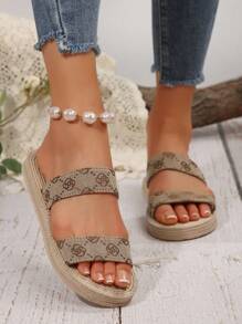 Plus Size Women's Vintage Floral Flat Strap Platform Sandals, Soft Outsole Beach Slippers, Niche Roman Style Sandals