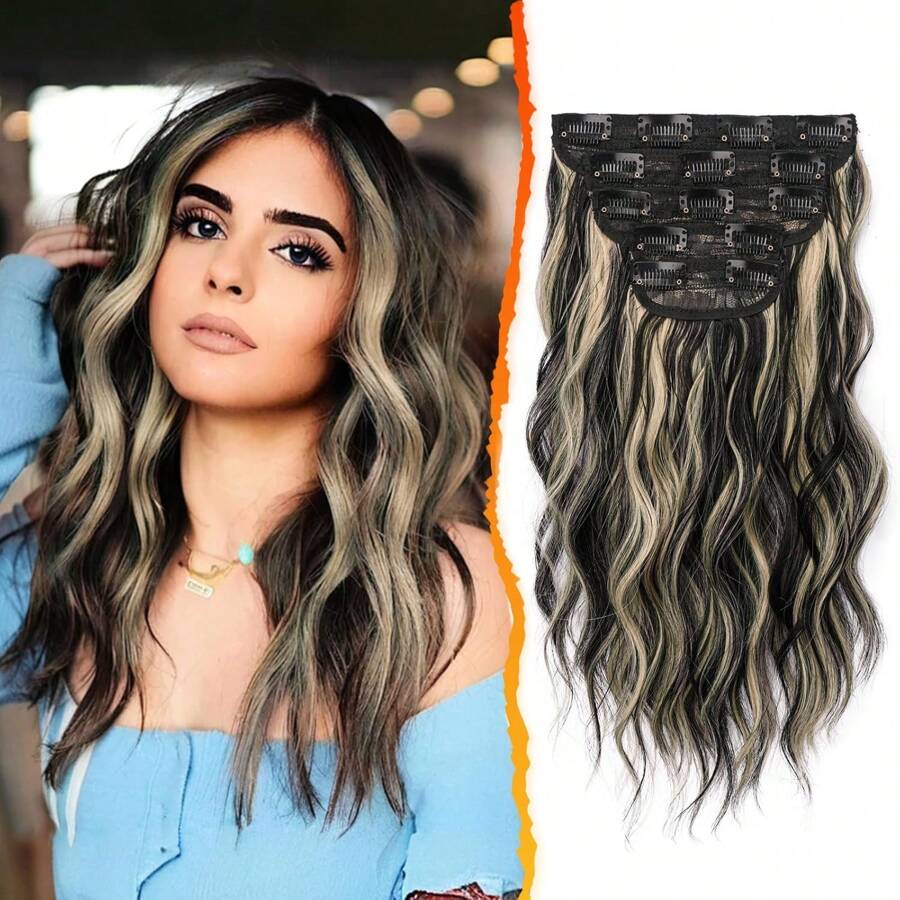BARSDAR 5PCS Black Mix Blonde Curly Clip In Hair Extensions 14 Clips In Hair Extensions For Women Invisible Lace Weft Synthetic Hair Extensions - 14 Inch Black Mix Blonde Easter - Black Mix Blonde - View 1