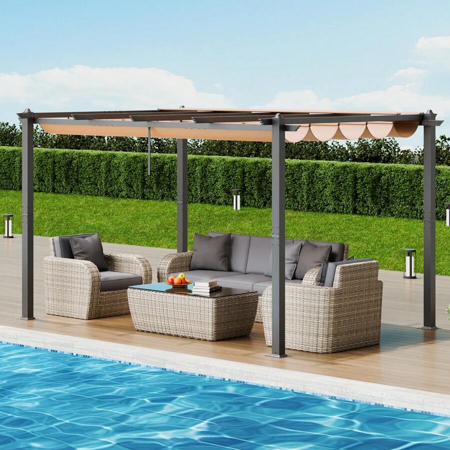 Outdoor Retractable Gazebo With Canopy, 12'x16', 10'x13', 10'x10', Aluminum Gazebo With Retractable Canopy, Modern Gazebo With Shade Canopy For Patio, Garden, Deck, Backyard, Beige, Gray, Blue - 10*13ft, Beige - 查看 1