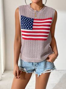 Women's Flag Pattern Hollow Out Knitted Sleeveless Blouse - Khaki - View 3