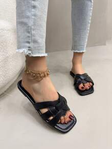 Sandali infradito da donna per l'estate con incrocio a forma di cuore, di colore solido minimalista alla moda, con punta aperta piatta, adatti per uso casual all'aperto, spiaggia, vacanza, interno, punta quadrata, colore nero, leggeri, traforati, traspiranti