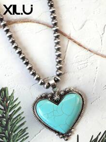 1 set de collar con colgante y aretes de estilo retro y país del oeste antiguo con diseño exagerado de color turquesa al estilo del Día de San Valentín para mujeres