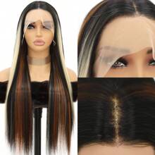 26 Inch 13x4 HD Lace Frontal Wigs Long Straight Black Wigs Synthetic Heat Resistant Fiber Hair Wig Premium Natural Orange Highlights Silk Straight 13*4 Hairpiece Wigs For Women With HD Transparent Lace Glueless Lace White Highlights Natural Straight Wigs 200% Density Wigs - 彩色 - 查看 6