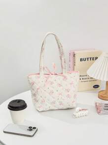 1 Piece Fresh Bow & Floral Tote Bag Ditsy Floral Quilted Makeup Bag Pink Flower Plaid Cosmetic Bag For Women Portable Print Flower And Bow Knot Pattern Tote Bag Make Up Organizer Toiletry Bags Travel Toiletry Bag For Women Cute Aesthetic Floral Makeup Bag Grocery Cloth Bag Floral Handle Bag For Beach Daily Commuter Pink Travel Shopping Bag Cute Cosmetic Pouch With Handle For Girls Women Bridesmaid Birthday Gift - Multicolor - View 12