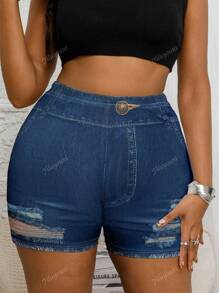 Plus Size High Stretch Skinny Distressed Denim Effect Casual Sports Shorts
