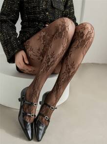 1 paire de collants femme haut de gamme de style rétro français à motif de rose en dentelle, collants skinny à haute élasticité, design ajouré transparent pour affiner la silhouette