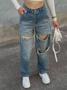 Quần Jeans Ống Đứng Rách Thiết Kế Đường Phố Thường Ngày Y2K Mới 2025 Cho Nữ - Màu xanh lam - Xem 6