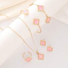 5pcs/Set Oil Drop Four-Leaf Clover Necklace, Bracelet, Ring, Earrings Jewelry Set For Women - Multicolor - View 6