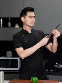 Short Sleeve Chef Uniform, Black, , Washable, Pilling Resistant, Skin-Friendly Fabric, Color Fast, Suitable For Hotel, Restaurant, Bakery, Cafe, Kitchen, Cafeteria, Food Service Back-Of-House , Short Sleeve Chef Uniform, Men Short Sleeve Chef Uniform, Spring/Autumn/Winter Short Sleeve Chef Uniform, Black Short Sleeve Chef Uniform - Black - View 5