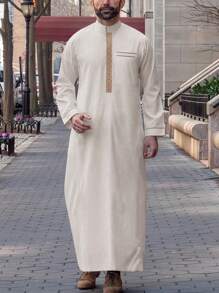 Men's Traditional Long Sleeve Embroidered Mandarin Collar Loose Robe, Casual & Formal Muslim Abaya - Khaki - View 1