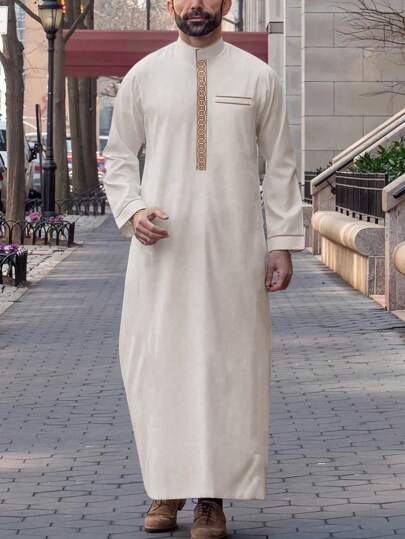 Vestaglia lunga da uomo a manica lunga con colletto alla coreana, ricamata, ampia, casual e formale, abaya musulmana