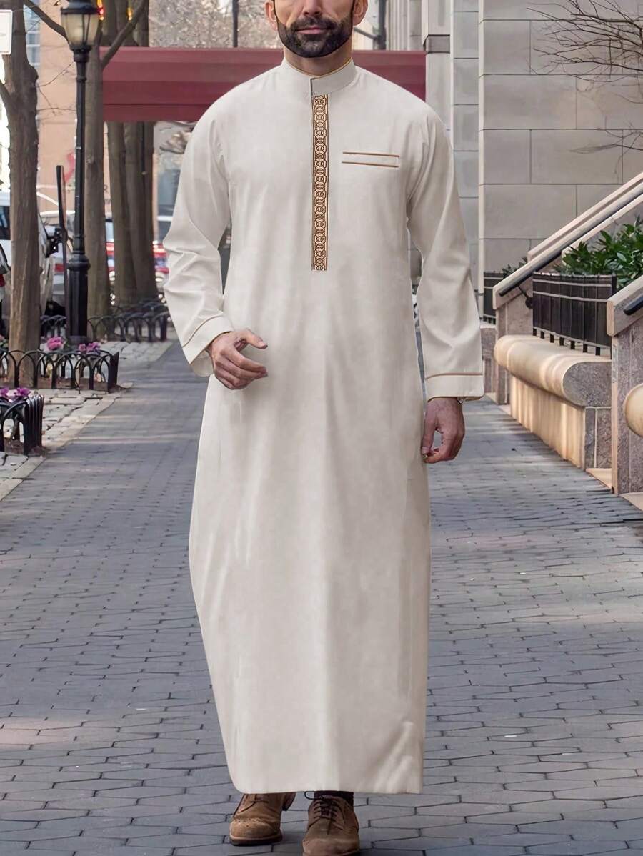 Men's Traditional Long Sleeve Embroidered Mandarin Collar Loose Robe, Casual & Formal Muslim Abaya - Khaki - View 1