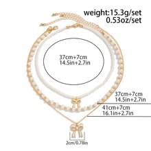 3pcs French Elegant Faux Pearl Beaded Layered Pendant Necklace With Bowknot Design, Fashionable & Versatile - Multicolor - View 5