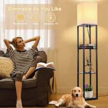 LISUNAR Floor Lamp With Shelves,3-Tier Modern Shelf Floor Lamp With Dimmable LED Bulb,White Fabric Shade,Wood Tall Corner Display Standing Lamp For Living Room Bedroom And Office Dr - Black