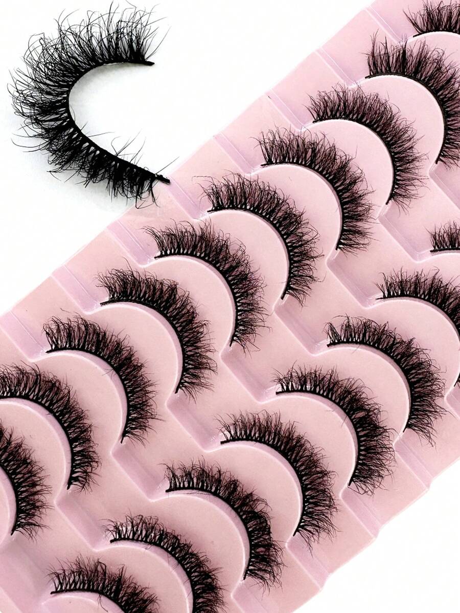 HBZGTLAD 10 对自然蓬松浓密猫眼睫毛，5D 自然假睫毛，柔软水貂毛效果交叉睫毛，自然睫毛延长化妆浓密假睫毛 - 黑色 - 查看 1